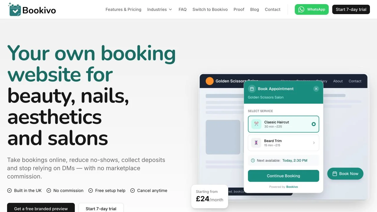 Bookivo website showing its branded appointment booking interface