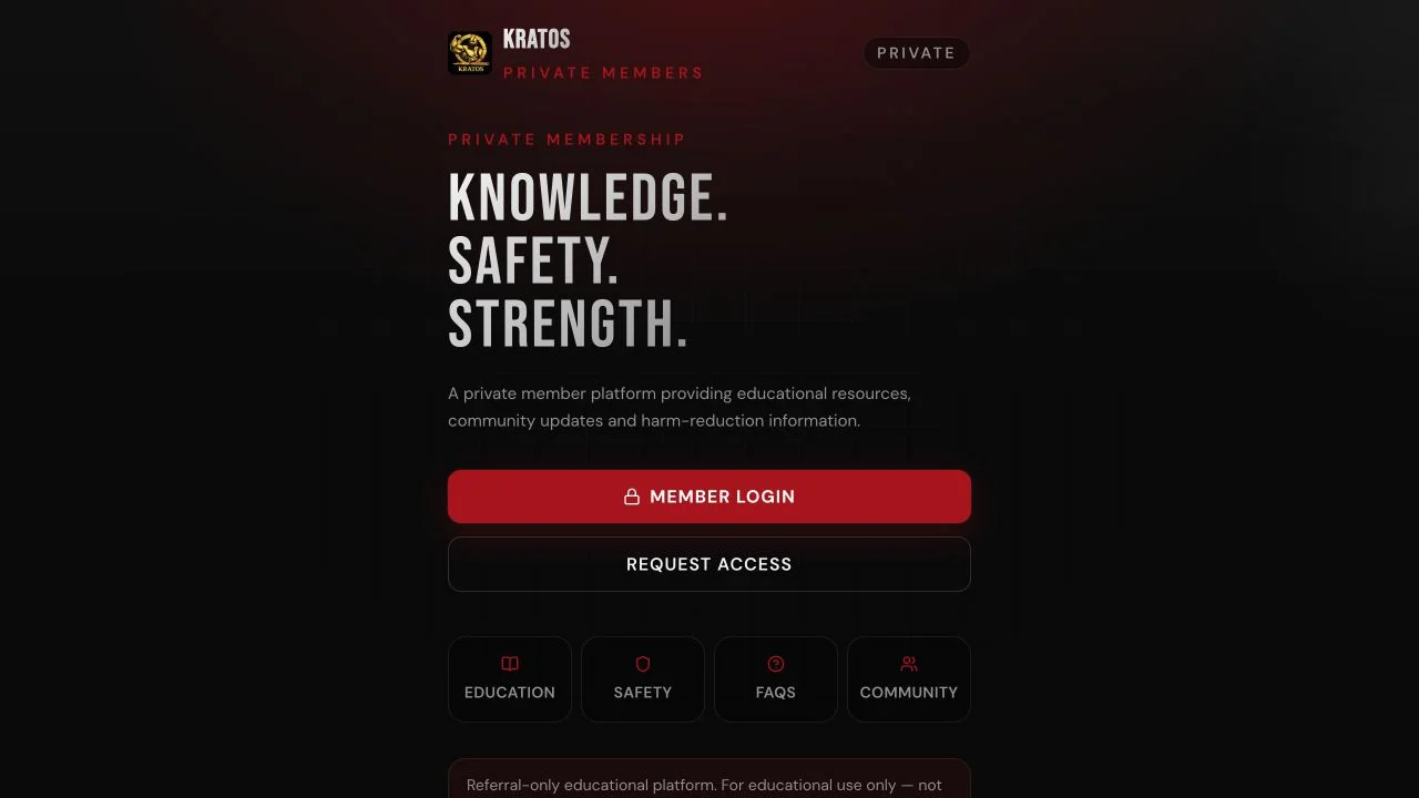 Kratos private membership homepage with red accents and member access links