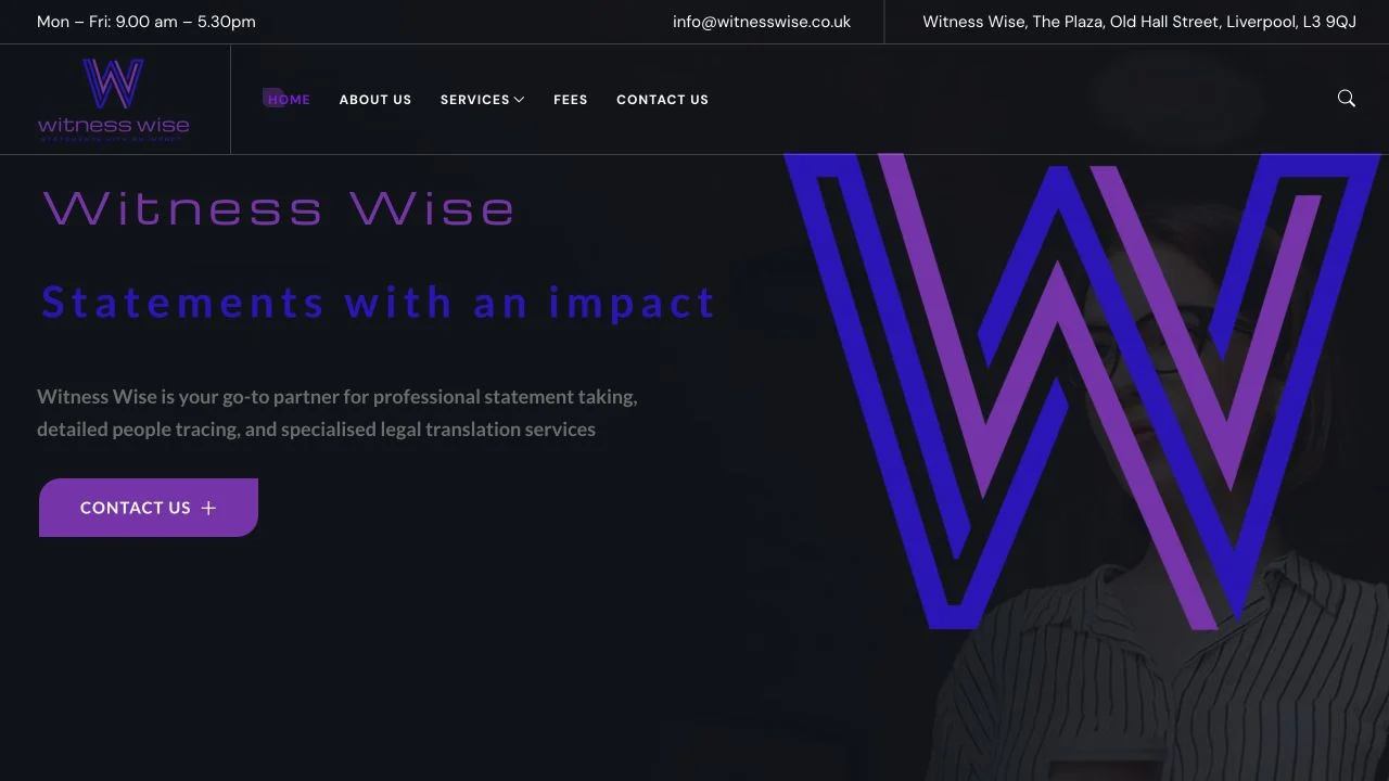 Witness Wise homepage with purple branding and its statement-taking services introduction